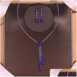 Earrings Necklace Set Treazy Royal Blue Rhinestone Crystal Bridal For Women Tennis Long Drop Gifts Delivery Jewelry Dhgarden Dhecg