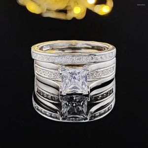 Klaster Pierścienie Czarny piątek Real 925 Srebrny CZ Princess Cut Cut Set dla kobiet biżuteria zaręczyn hurtowy R3401S