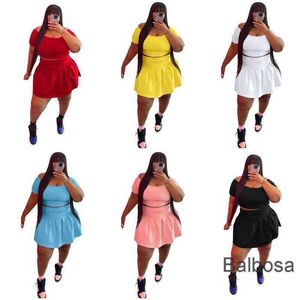 Plus storlek kvinnor kläddesigner tracksuit två bitar kostym klänning veckad kjol set sommar mode fritid sportkläder 7 färger