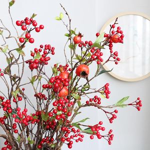 Decorative Flowers Red Fruit Tree Holly Artificial Pine Branch Berry Flower Christmas Decoration Plants Home Supplies