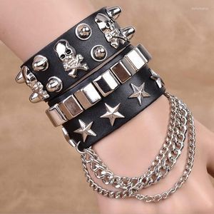 Strand Skeleton Bracciale a stella a cinque punte Punk Harajuku Cuff Black Pu Leather Model Gothic Bar Gioielli regolabili