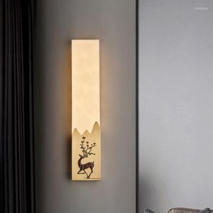 Wall Lamp Marble Copper Zen Living Room Light Bulb Bedroom Bedside Enamel Carving