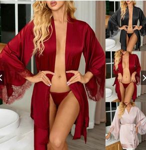 Women's Sleepwear Sexy Solid Women Pajamas Shorts Lace Patchwork Nightgown Satin Silk Kimono Belt Casual Home Dress Bride&Bridemaid