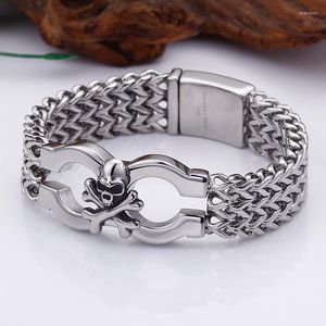 Link Bracelets Punk Silver Color Skull Fold Over Clasp Chain For Men Charm Stainless Steel Jewelry Gift