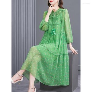 Casual Dresses 2023 Green Floral Mulberry Silk Beach Midi Dress Spring Summer Loose Large Size Women Elegant BodyCon Party Vestidos E237