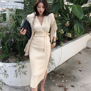 Work Dresses Women Knit Cardigans Skirts Sets 2023 Korea Elegant Sexy Lace UP Knitted Sweater Coats High Waist Midi Skirt 2 Pieces Suits