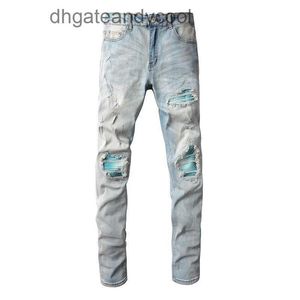 Denim Amiryes Jeans Designer Pants Man Fashion brand light blue wash water made old torn jeans men bright blue patch youth elastic fit ins small feet LLQS