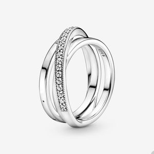 Crossover Pave Triple Band Ring för Pandora Authentic Sterling Silver Party Jewelry Designer Rings for Women Mens Crystal Diamond Par's Ring with Original Box