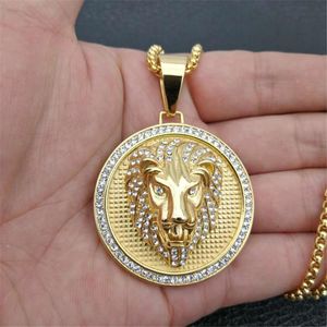 Necklaces Hip Hop Charm Iced Out Bling Golden Lion Head Pendants Necklaces Male Gold Color Stainless Steel Chain Rock Jewelry Gift For Men