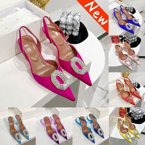 С коробкой Amina Muaddi женские модельные туфли Camelia Glass Begum Rosie silk Sling 90 туфли на шпильке светло-розовые королевские синие туфли на высоком каблуке 9,5 см роскошные свадебные туфли