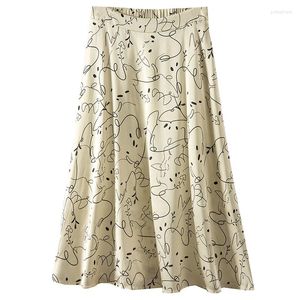 スカート夏90％天然シルク女性スカートプリントa-lineミッドカーフサテン韓国のファッション服の長い