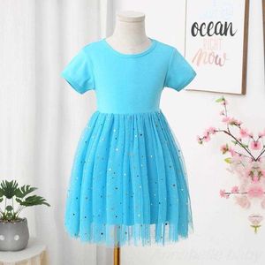 Abiti da ragazza Cute Girl Simple for Children's New Summer Elegant Blue 2023 Cotton Short Sleeve Paillettes Birthday Dress G220523