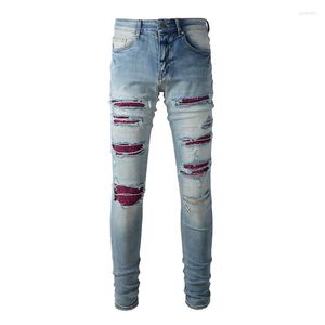 Men's Jeans Men Crystal Patch Denim Streetwear Holes Ripped Stretch Pants Skinny Tapered Light Blue Trousers