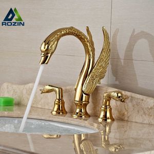 Soild Copper Gold Finish Bathroom Faucet Luxury Golden Swan Shape Basin Tap Dual Handle Deck Mount R231024