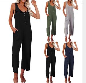 Calças de duas peças femininas 2023 Europeu e American Colet Jumpsuit Summer Sold Color Butrowled Pocket Casual Casual