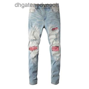 Denim Amiryes Jeans Designer Pants Man High Street Fashion Light Color Wash Hole Patch Old Ins Jeans Men's Elastic Slim Pants A05G