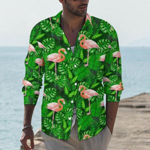 Camisas casuais masculinas camisa de design flamingo de folhas verdes de folha de palmeira longa de manga longa Bloups Style Style