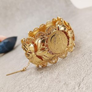 Armbanden Nya arabiska Dubai Metal Flower Armband Ladies Wide Gold Plated Armband Algeriet Bridal smycken Napoleon Coin Armband
