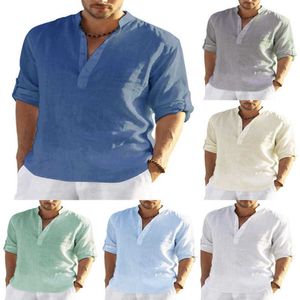 Hot Item Designer Mens Top Linen V-neck Shirt Loose T-shirt Solid Color Long Sleeve Cotton Linens Blouse Men Plus Size 3xl 4xl 5xl