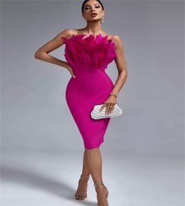 Hot Pink Ostrich Prom Dress 2023 Sexy Strapless Knee Length Feather Evening Gown Sheath Night Cocktail Formal Party Skirt Chic Homecoming Club Dinner Wear