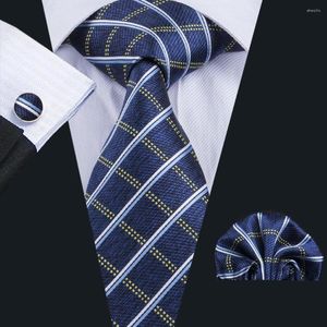 Bow Ties Navy Blue Plaid Silk Wedding Tie For Men Handky Cufflink Gift Mens Slips Design Business Party Dropshiping Hi-Tie