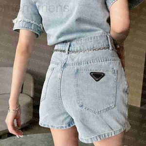 Women's Shorts designer Womens Jean Rompers Short Sleeve Denim Jumpsuits with Waist Chain Metal Badge Summer Vintage Style Jeans XZYT