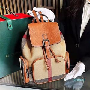 2023-Checkered Genuine Leather Canvas Backpack Women's Trend Classic Backpack Grade Women's Bag