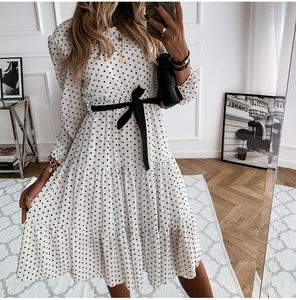 Sıradan Elbiseler 2023 Basit O boyun beyaz polka nokta uzun elbise Kadın moda kollu şifon parti ilkbahar yaz kıyafetleri