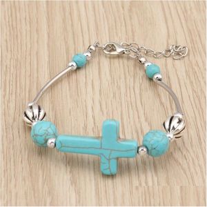 Kette Damen Perlen Kreuz Tibetan Sier Türkis Link Armbänder GSTQB014 Mode Geschenk Nationalstil Frauen Herren DIY Armband Drop De Dhej7