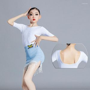 Stage Wear Summer Latin Dance Dress For Girls White Backless Tops Tassel Skirt ChaCha Tango Practice Rumba Competition Costume YS3470