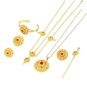 Earrings Necklace Set Ethiopian Red Stone African Jewellry Women Bride Habesha Jewelry Drop Delivery Sets Dhgarden Dhrfl