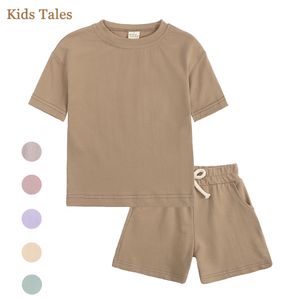 Roupas conjuntos de roupas meninas meninas meninas de verão roupas de verão crianças solod cor algodão casual cutileca de manga curta shorts de t-shirt de crianças roupas 230523