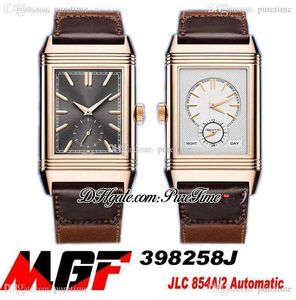 Reverso Tribute MGF Duoface 398258J JLC 854A/2 자동 남성 시계 로즈 골드 안트라이트 다이얼 실버 스틱 브라운 가죽 스트랩 2022 슈퍼 에디션 퓨레 타임 A1