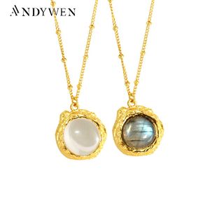 Halsband Andywen New 925 Sterling Silver Gold Big Labradorite Pendant Round Clear Pendant Long Chain Halsband 2020 Rock Punk Party Jewels