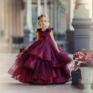 Flickaklänningar Bourgogne Flower for Wedding Lace Pärlor 3D blommor Appliced ​​Little Girls Pageant Party Glows Princess Wear