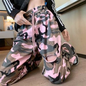 Women's Jeans Hikiga Chic Fashion Women Summer Thin Camouflage Broken Hole Ealstic Waist Draestring Wide Leg Pants Casual Trousers Mujer Y23