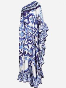 Casual Dresses Summer Runway Blue and White Porcelain Asymmetry Long Dress Women