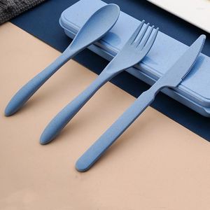 Dinnerware Sets 0210 Spoon Fork Knife Wheat Straw Cutlery Set 3PCS With Box Portable Travel Lunch Tableware Students Kitchen