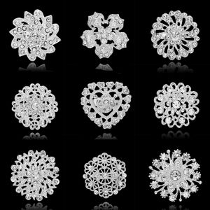 Crystal Silver Color Flower Brosches For Wedding Bridal Party Jewelry Rhinestone Round Bouquet Lapel Pins Heart Snowflake Badge