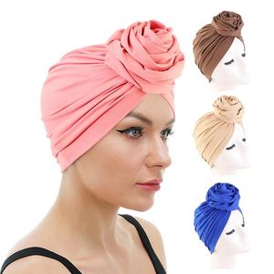 Big Flower Turban African Women Pleated Hat Stretch Muslim Hijab Bonnet Chemo Cap Head Scarf Wrap Hair Loss Cover Turbante Mujer