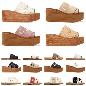 Pantofole di tela scarpe da donna in pizzo Lettering Woody Platforms Pantofole piatte Moda casual Sandali comodi in pelle estate Khaki Green Blue Beach scarpe da donna