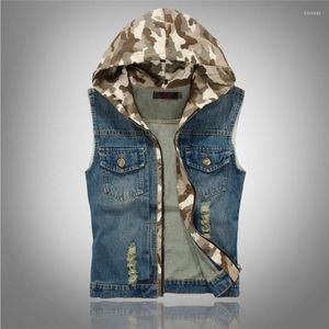 Men's Vests Scratched Holes Hooded Vest Man Camouflage Zipper Denim Jeans Casual Hip Hop Slim Fit Pockets Sleeveless Jacket Waistcoat