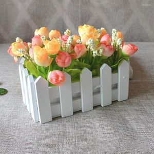 Decorative Flowers 1 Set Artificial Flower White Wooden Fence Floral Holder Home Garden Decor