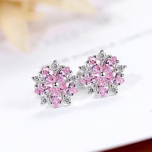 Fashion Pink Shiny Cherry Blossom Zircon Stud örhängen Kvinnor Classic Crystal Sterling Silver Stud örhängen Söt uttalande örhängen Vintage smycken