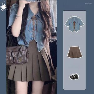 Work Dresses Vintage Two Piece Set Women Crop Top Denim Short Jacket Coat And Mini Skirts Sets Korean Fashion 2 Suits Outfits Q15