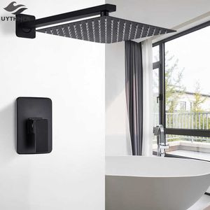 Bathroom Shower Sets Newly Matt Black Bathroom Shower Faucet Set 8"/10"/12"/16" Shower Head With Shower Handspray Hot And Cold Water Mixer Bath Taps G230525