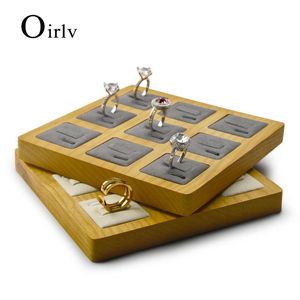 Boxes Oirlv Solid wood Creamwhite Dark gray 9 Seats Ring Display Stand Ring Tray with Microfiber insert Ring Holder Jewelry Organizer