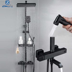 Bathroom Shower Sets Black Temperature Faucets Bathroom Accessories Sets Shower Faucet Bathroom Hybrid Bathtub Mixer Crane Shower Spray With Shelf G230525