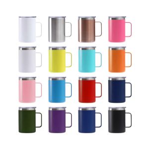 Dubbel väggvakuumisolerad 16oz rostfritt stål termiska termos camping handtag kaffekopp mugg med glidande lock grossist