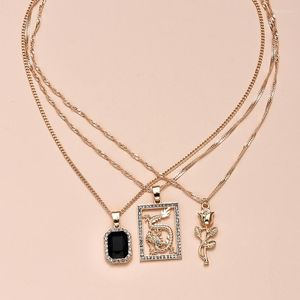 Anhänger Halsketten ALYXUY 3 Teile/satz Mode Schwarz Quadrat Kristall Drachen Rose Halskette Chinesische Elemente Schmuck Frauen Mädchen Geschenke